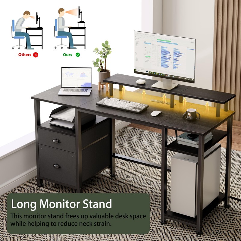 Furologee 51" Gaming Desk with Power Outlets & LED Lights,