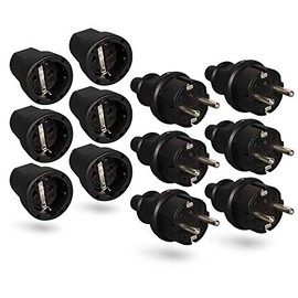 HEITECH Rubber Protective Contact Plug & Coupling - Pack of 6 Protective Contact Set with Kink Protection, Black, 250 V, 16 A, IP20 for Indoor Use - Solid Rubber Schuko Plug & Coupling