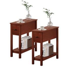ChooChoo Narrow End Table, Small Side Table for Small Spaces, Slim End Table with Drawer, Narrow Nightstand Bedside Table for Living Room Bedroom, Cherry Brown, 2 Pack