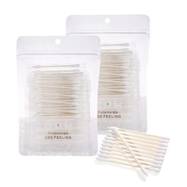 Cotton Swabs, Individually Wrapped Cotton Buds, 200 Count Biodegradable Cotton Tip Applicator Suitable for Ear, Beauty Care, Cleaning, Make-up（Round and Pointed Shape Cotton Heads）
