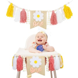 TKNOUS 1st Birthday High Chair Banner Groovy, Daisy 1st Birthday Decoration Banner, Themed Tassel Theme Banner with Wooden Beads for Girl Wall Hangings Decorative(Yellow, White, Pink)