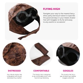 Adults Aviator Hat - Brown 1940s Distressed Leather Look Aviator Cap With Attached Pair of Goggles - WW2 Pilot Fancy Dress Costume Accessory - Pack Of 1
