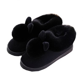 Vensivy Women Cute Rabbit Ear Slippers House Non-Slip Soft Fluffy Bunny Slipper Indoor Winter Warm Plush Animal Shoes (Black, 4.5-5.5)