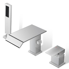 Modern Roman Tub Faucet with Hand Shower, Deck Mount Tub Filler Bathtub Faucet with Sprayer, Single Handle Bathtub Faucet Set, Widespread 3 Hole Bathtub Faucet (B, Chrome)