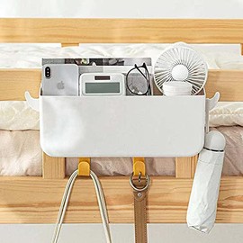 Bedside Caddy Hanging Organizer with Hooks, Bedside Caddy Shelf for Dorm Bunk Bed, Plastic Bedside Storage Holder for Phone Glasses Bottle - White (Caddy)