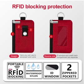 CCUMI Minimalist RFID Blocking Small Wallet with ID Window,WaterResistant Zip Id Case Wallet with Lanyard Keychain for Cards,Cash,Travel,Women,Men (Red)