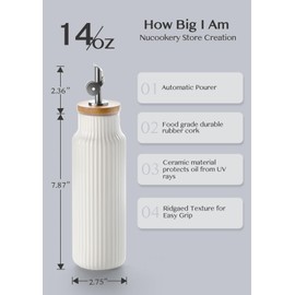 Nucookery Ceramic Olive Oil Dispenser Bottle for Kitchen, 14 oz Opaque Oil and Vinegar Dispenser Bottle, Large Capacity Cooking Oil Container for Storage Oil, Vinegar, Soy Sauce, Coffee Syrup, White