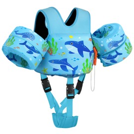 MoKo Toddler Swim Vest for 15-20-30 pounds, Boys Girls Swim Puddle Arm Floaties Cartoon Swimming Water Wings with Crotch Strap, Pool Floats Jacket Sleeves Arm Band for Toddler, Blue Shark