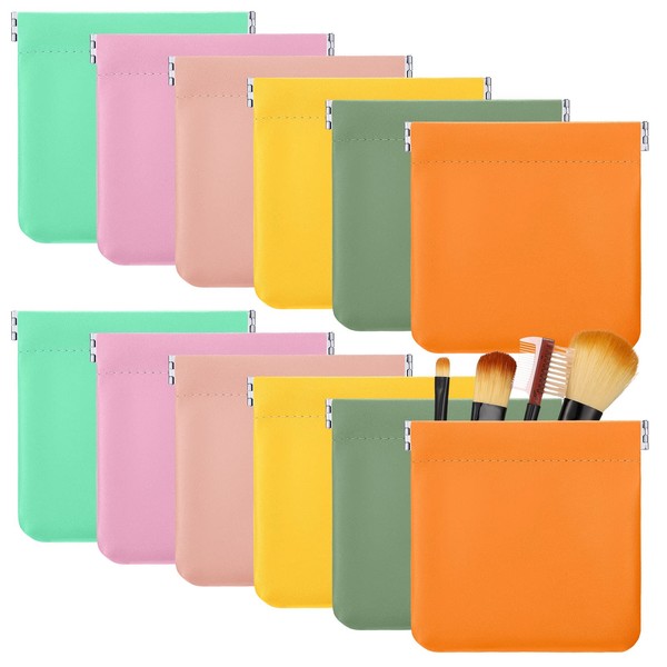 12 Pcs Lambskin Pocket Cosmetic Bag Waterproof No Zipper Self Closing Makeup Bag PU Leather Cosmetic Pouch Cute Purse Makeup Bag Travel Storage for Women Cosmetics Jewelry Toiletry (Bright Color)