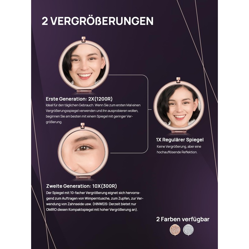 OMIRO Taschenspiegel mit Vergrößerung 1X/10X, Handspiegel Klein (Roségold)