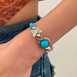 Cubahop Vintage Silver Blue Turquoise Butterfly Turtle Evil Eye Bracelets Hand Jewelry for Women and Girls (Butterfly)