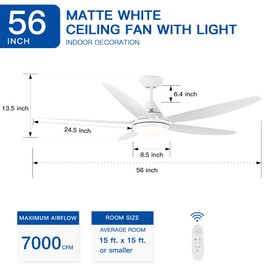 56-Inch Integrated 24-Watt LED Ceiling Fan - 6-speed Modern Ceiling Fan with Remote Control - 5 ABS Blade Ceiling Fan with Light - 3 Light Changing Colors - Quite Reversible DC Motor - 7000CFM - White