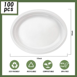 100 Pcs Compostable Oval Paper Plates 12 Inch - Heavy Duty Bagasse Platters - Biodegradable White Plates,Eco-Friendly Disposable Dinner Platters for BBQ,Picnic,Wedding,Party Easter, Independence Day