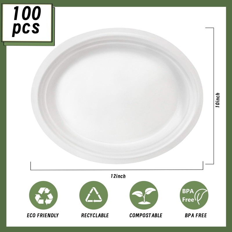 100 Pcs Compostable Oval Paper Plates 12 Inch - Heavy