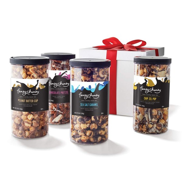 Funky Chunky Gourmet Popcorn Variety Pack Sweet and Salty Snack Four Flavor Care Package: Sea Salt Caramel, Peanut Butter Cup, Chip Zel Pop, and Chocolate Pretzel, 19 oz (4 Canisters) in Gift Box