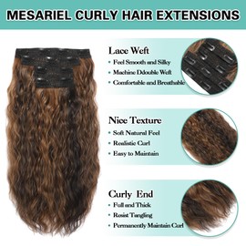 Clip in Hair Extensions, Soft Lace Weft Short Curly Hair Extensions Clip ins Thick Invisible Natural Hair Pieces for Women, Double Weft 4Pcs 14 Inch Dark Roasted Coffee Mixed with Caramel Brown