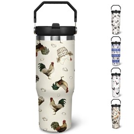 Jizrecly 30 oz Chicken Tumbler With Handle and Straw, 30oz Rooster Flip Straw Tumbler Insulated Coffee Travel Mugs Cup Water Bottle Chicken Gifts for Elephant Lovers Women Girls