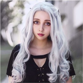AFBeauty Platinum Grey Wig Synthetic Long Wavy Gray Side Part Wig Silver Grey Glueless Wig Heat Resistant Fiber Lace Frontal Wig for Women Cosplay Makeup Party