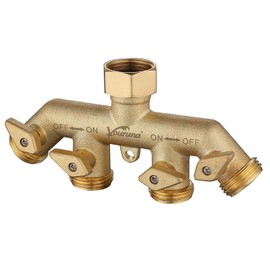 VOURUNA Premium Heavy Duty Brass 4 Way Garden Hose Splitter Improved, NPT3/4 Copper Four Outlet Faucet Diverter Valve, Outdoor Garden Manifold Adapter Connector (4-Way)