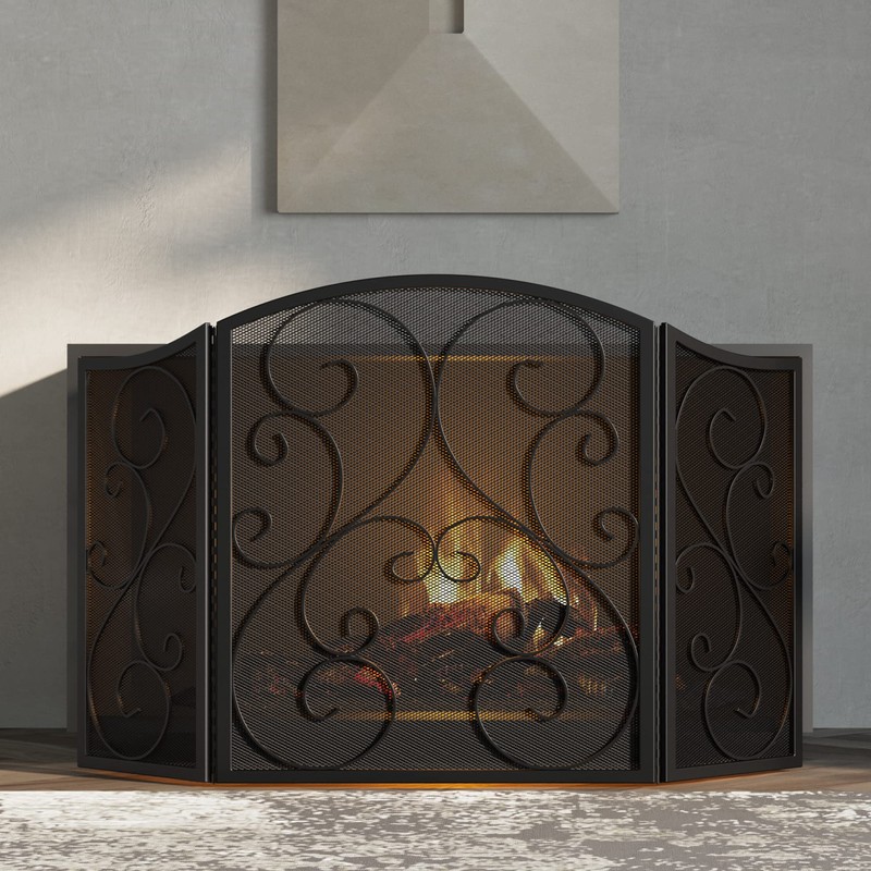 Fire Beauty Fireplace Screen 3 Panel Wrought Iron Metal 48"(L)