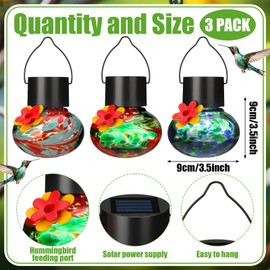 Nuogo 3 Pcs 3.54 Inch Blown Glass Hummingbird Feeders Solar Powered Hummingbird Feeder with LED Light for Garden Outdoors Window Decor Valentine Hanging Gifts Ant and Bee Resistant(Stylish Colors)