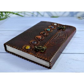 India House - Handmade Leather Journal Embossed Perfect for Calligraphy, Poetry, Guest Book or Instagram | With Macrame Bookmark (design 9)