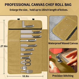 lelezone Chef Knife Roll Bag, Waterproof Waxed Canvas Knife Case Holds Size Up to 18'', Knives Roll with 11 Slots Plus Zipper Pocket, Portable Knife Holder with Adjustable Strap for Kitchen Tools