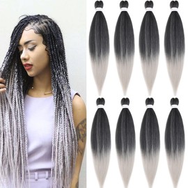 Pre Stretched Braiding Hair Extensions 26inch 8packs Mixed Color Professional Braids Hair Soft Yaki Straight Braid Hair Hot Water Setting Synthetic Crochet Hair (26inch,Mixed Black & Silver)