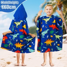 FILOWA Badeponcho Kinder Mikrofaser Badetuch mit Kapuze Strand Badehandtuch Groß Handtuch Poncho Blau Dinosaurier Strandtuch 75 * 180cm Schwimmbad Saugfähig Handtücher für 6-15 Jahre Jungen Mädchen