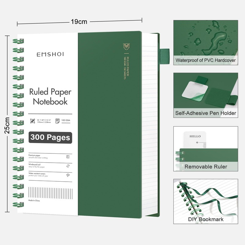 EMSHOI Notebook B5 Lined, 100 g/m² Paper, 300 Pages -