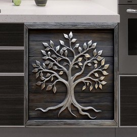 RTHDG 3D Tree of Life Magnetic Dishwasher Full Door Cover, Silver Tree of Life Magnetic Skin Cover for Dishwasher Kitchen Decor, Vintage Wooden Door Refrigerator Vinyl Door Cover, Reusable