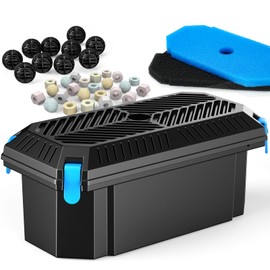 POPOSOAP Pond Filter for Outdoor Ponds, Filter Box with 2 Filter Pads and 20 Bio-Balls for Outdoor Pond Pump Submersible Fountain Pump