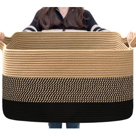 Goodpick Woven Blanket Basket, 21.6" x 14.9" x 11.8" Wicker Laundry Basket for Clothes, Storage Baskets for Organizing, Rectangle Rope Large Baskets for Storage, Black Jute