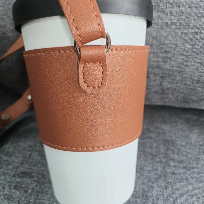 Bombinate Leather Cup Holder Round Coffee Handle Strap Bag