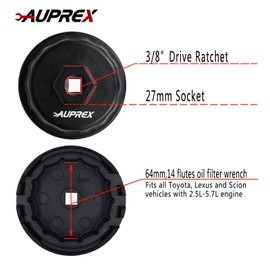 AUPREX Aluminum Oil Filter Wrench for Toyota Camry, Lexus, Tundra, 4Runner, Highlander, RAV4 and More, 64mm 14 Flutes, Black