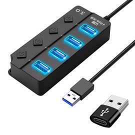 RENDIN Hub USB para Multi USB con 4 Interruptores e Indicadores Individuales(USB Extension*1+Adaptador USB c*1)