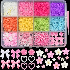 3D Flower Nail Charms Bulk Pink and White Bows Pearls Charms for Nails Cherry Butterfly Heart Pearl Nail Gems Flowers and Bows Nail Supply for Nail Art Design
