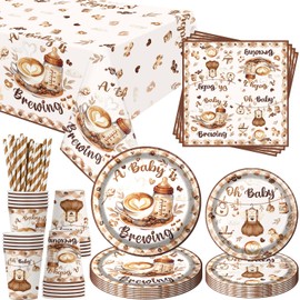 A Baby is Brewing Tableware Set, Coffee Theme Baby Shower Decorations, Include Plate Cup Napkin Straw Tablecloth, Coffee Beans Decor for Boy or Girl Gender Reveal Party Supplies Serve 20