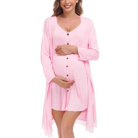 SWOMOG Women's Hospital Gown Labor and Delivery 2 Piece Maternity Nightgown and Robe Set Button Down Pregnancy Pajamas (Pink, Large)