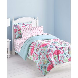 dream FACTORY Kids 5-Piece Complete Set Easy-Wash Super Soft Microfiber Comforter Bedding, Twin, Pink Flamingo