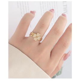 3Pcs Four Leaf Clover Ring Sets for Women Lucky Leaf Stackable Bands Vintage Cubic Zirconia Flower Detachable Ring Open Engagement Promise Band Adjustable Jewelry (Gold)