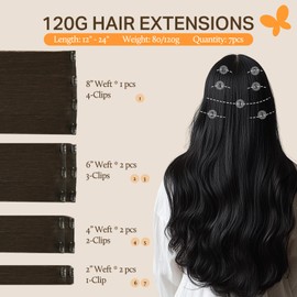 DOORES Human Hair Extensions Clip in Dark Brown 24 Inch 120g 7pcs Straight Clip in Remy Hair Extensions Natural Hair Extensions