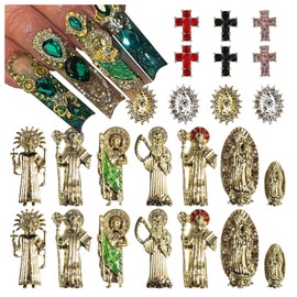 24pcs San Judas Virgin Mary Cross 3D Nail Charms Kit Nail Gems Gold Sliver Nail Charms Metal Buddha Charms Nail Jewels for Nail Art Religious Nail Rhinestones Accessories Pink Black red Cross Nail
