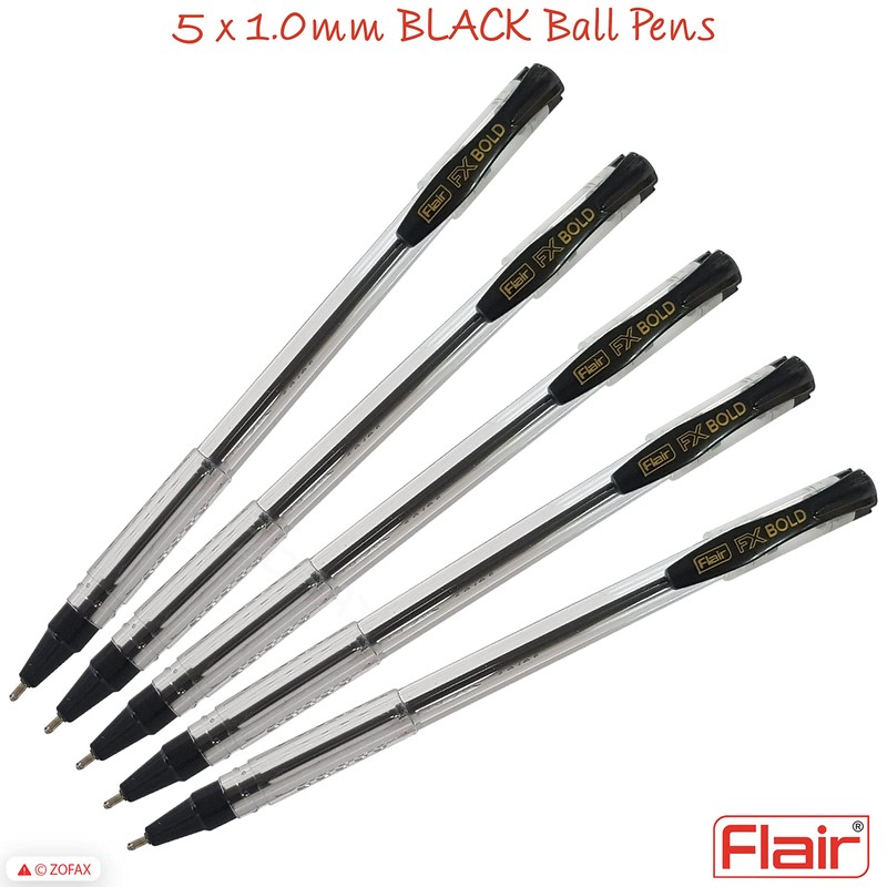 5 x 1.0mm FLAIR FX Dark BLACK Ballpoint Pens Smooth