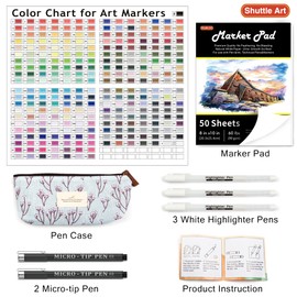 Shuttle Art 280 Colors Dual Tip Alcohol Based Art Markers, 279 Colors Permanent Marker Plus Colorless Blender, Micro-tip Pens, White Highlighter Pens, Marker Bag with Holders for Kids Adult Coloring