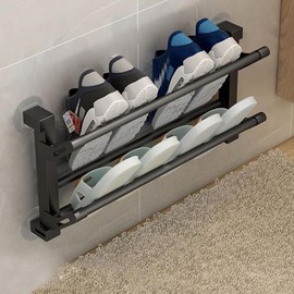 Geejia Shoe Rack, Wall Mounted 2 Tier Folding Space-Saving Shoe Holder Without Drilling Installation, Plastic & Metal Tubes Organizer - Black 30CM