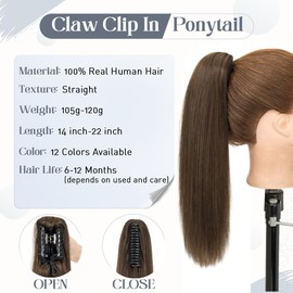 Rich Choices Claw Clip Ponytail Extension Human Hair Real Hair Ponytail Extension Balayage Chocolate Brown Clip In Long Ponytail Hair Extensions Straight For Women #2R 16 Inch