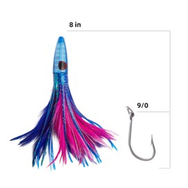 OCEAN CAT Teaser Chain Lures Trolling Lure Saltwater Fishing Lures with Stainless Steel Hook and High Strength Fishing Line Fully Rigged Chuggers for Wahoo Tuna Marlin Mahi Mahi (#052-Blue, 9in+9/0)