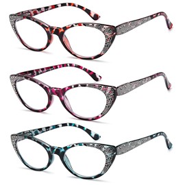 EYEURL 3-Pack Cat Eye Reading Glasses for Women Blue Light Glasses Fashion Computer Readers with Spring Hinge Anti-Glare Readers for Women 1.25