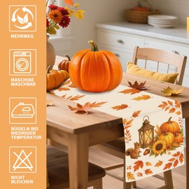 Autumn Decoration Linen Table Runner - Pumpkin & Maple Leaves Motif, Autumn Decoration Indoor for Living Room, Kitchen, Dining Room, Party, Washable & Reusable (180 cm)